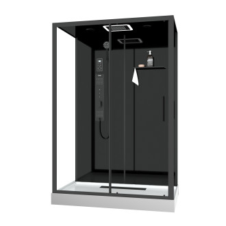 Cabine de douche hydromassante 140x85x218 cm - porte coulissante - fonds & profilés noir mat Aurlane - CAB274