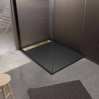 Receveur noir effet granite en résine epoxy 90x120x3 cm + grille linéaire or brossé Aurlane - PACR269