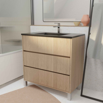 Meuble de salle de bains 80 cm 3 tiroirs chêne clair + vasque céramique noire - xenos Aurlane - PACM718