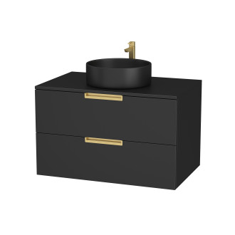 Meuble salle de bains 80 cm laqué noir mat et or doré - 2 tiroirs - vasque ronde à poser noire Aurlane - PACM677