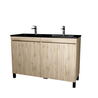 Meuble de salle de bains 120 cm 4 portes chêne naturel + vasque double céramique noire - timber Aurlane - PACM710