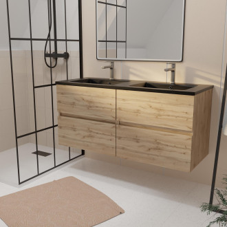 Meuble de salle de bains 120 cm 4 tiroirs chêne naturel + vasque double céramique noire - timber Aurlane - PACM711
