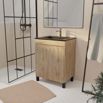 Meuble de salle de bains 60 cm 2 portes chêne naturel + vasque céramique noire - timber Aurlane - PACM704
