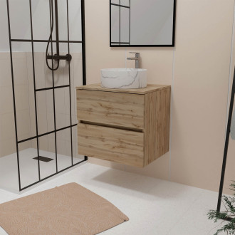 Meuble salle de bains 60cm 2 Tiroirs chêne naturel + Vasque ronde Ø36cm blanche effet marbre Aurlane - PACM739