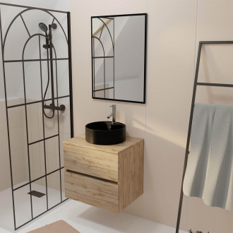 Meuble salle de bains 60cm 2 tiroirs chêne naturel + vasque noire ø41cm et miroir 60x80cm Aurlane - PACM758