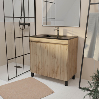 Meuble de salle de bains 80 cm 2 portes chêne naturel + vasque céramique noire - timber Aurlane - PACM707