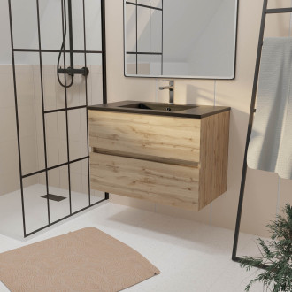 Meuble de salle de bains 80 cm 2 tiroirs chêne naturel + vasque céramique noire - timber Aurlane - PACM708