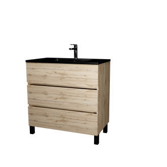 Meuble de salle de bains 80 cm 3 tiroirs chêne naturel + vasque céramique noire - timber Aurlane - PACM709