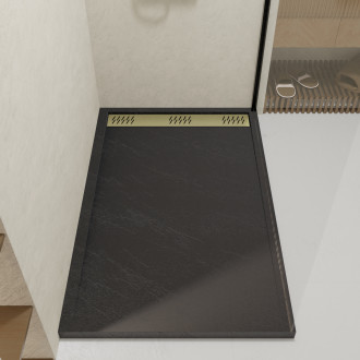 Receveur en acrylique gris effet pierre 90x140x5 cm + grilles linéaires chrome et or brossé Aurlane - PACR228