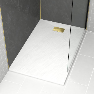 Pack Receveur Blanc Effet Pierre 90×140 cm et grille décor perforée Or Doré Brossé - PACR208