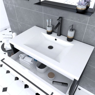 Pack meuble de salle de bain 80x50 cm - 2 tiroirs blanc - Vasque blanche + miroir noir mat Aurlane - PACM045