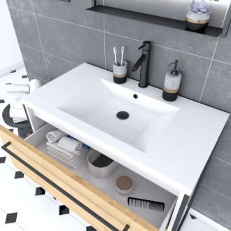 Pack meuble de salle de bain 80x50 cm Blanc - 2 tiroirs blanc - Vasque blanche - Miroir à led Aurlane - PACM033