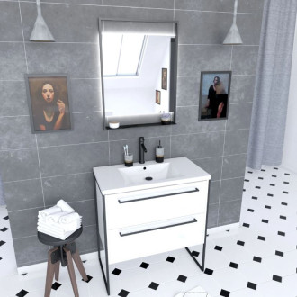 Pack meuble de salle de bain 80x50cm Blanc - 2 tiroirs - vasque blanche et miroir noir mat Aurlane - PACM011