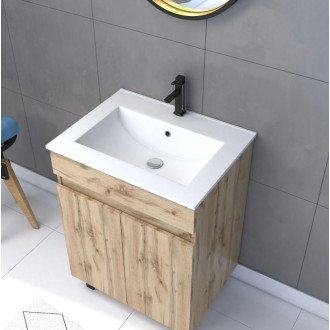 Pack Meuble SDB 60cm sur pieds 2 portes Chêne - Vasque blanche + Miroir Barber - TIMBER 60_Pack22 Aurlane - PACM232
