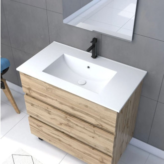 Pack Meuble SDB 80cm sur pieds 3 tiroirs chêne - Vasque blanche + Miroir Led - TIMBER 80_Pack47 Aurlane - PACM257