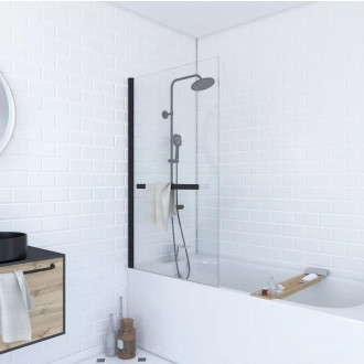 Pare baignoire pivotant 150x85cm profile aluminium noir mat avec verre transparent et porte serviette - TSHAPE Aurlane - FAC273