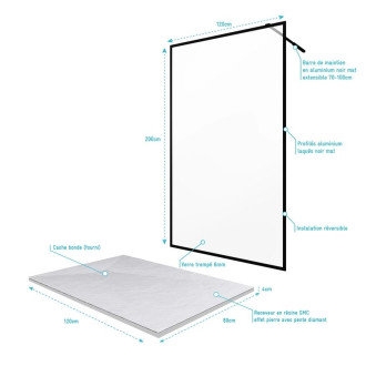 Paroi de douche 120x200 + receveur 120×80 cm - Cadre et barre noir mat - CONTOURING 120 Aurlane - PACF009