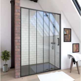 Paroi de douche 1 porte coulissante 140×200 cm - Verre sérigraphié - Profilé Noir - CRUSHX Aurlane - FAC593