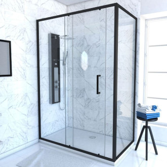 Paroi de douche 1 porte coulissante + Retour 140x90x200 cm - Verre 6 mm - Profilé Noir - CRUSH Aurlane - FAC623