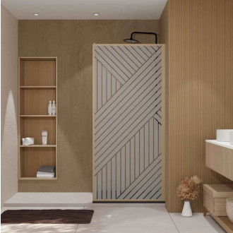 Paroi de douche 90x200 - Style Japandi géométrique - Cadre effet bois - Verre 6mm - HINATA Aurlane - FAC1089