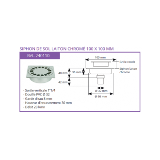 Siphon de sol en laiton chromé solusec 100x100 vertical 1"1/4
