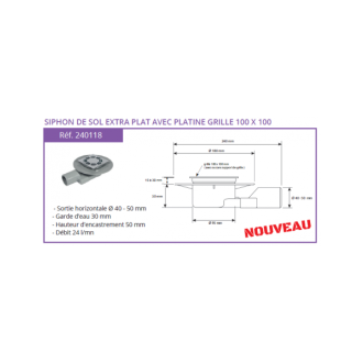 Siphon de sol PVC solusec extra plat avec platine grille 100x100 - dimensions aux choix