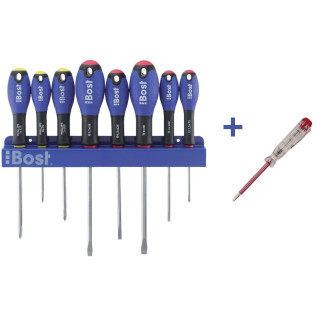 Set de tournevis BOST sur râtelier + 1 tournevis testeur - 9 pièces - 849951
