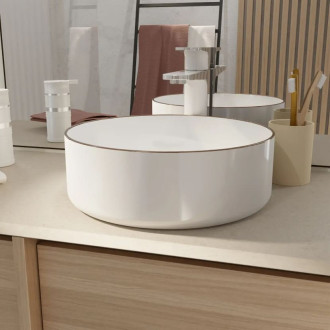 Vasque à poser ronde en céramique Ø36cm - hauteur 12cm - blanc et liseré or rose Aurlane - VAS060