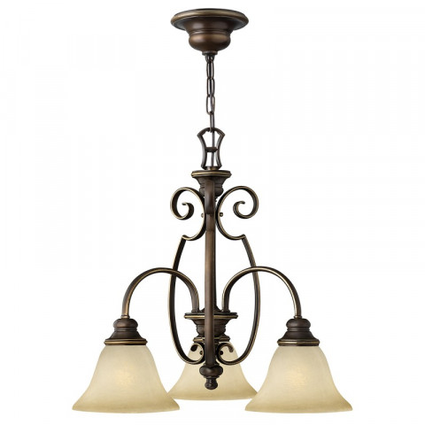 Suspension cello, bronze antique et verre albâtre, 3 ampoules