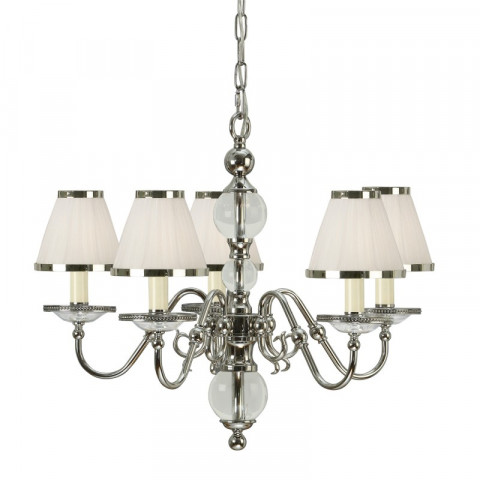 Chandelier tilburg, nickel poli, 5 abat-jours blancs
