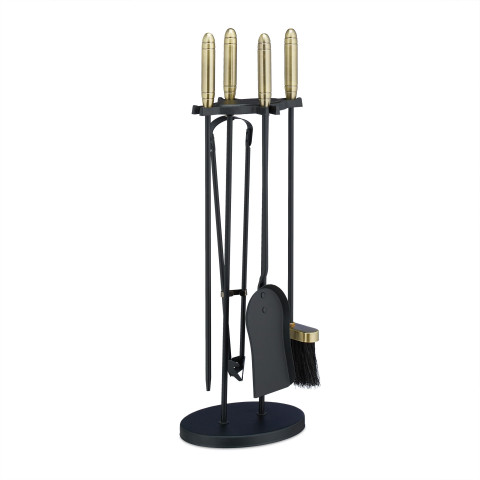 Ensemble serviteur de cheminée 5 pièces acier laiton accessoire pelle balai support tisonnier noir