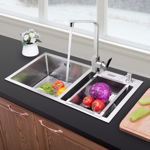 Evier en inox 2 bac & distributeur de savon - 78 x 43 cm