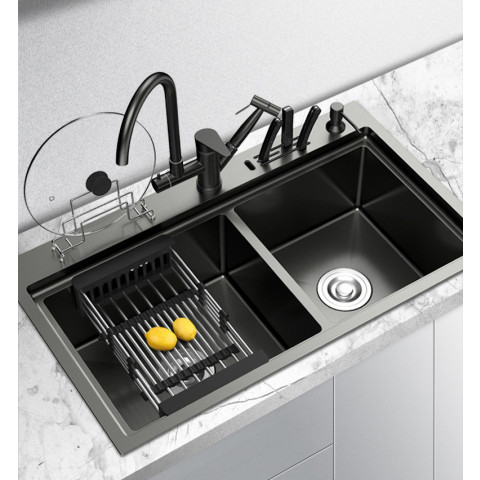 evier de cuisine a deux bacs en inox noir 88 x 48 cm distriartisan