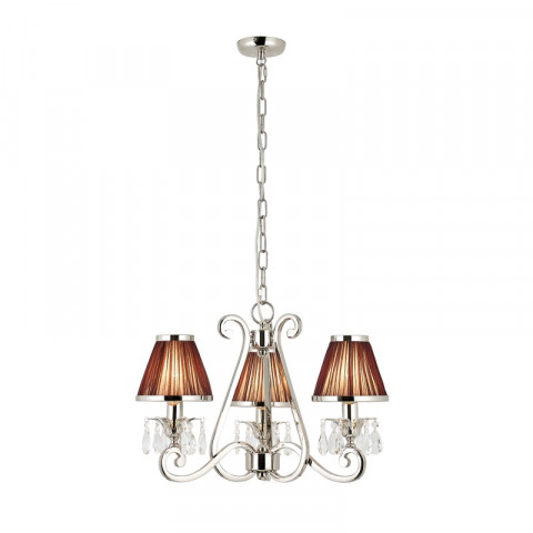 Chandelier oksana, nickel poli, pampilles cristal, 3 abat-jours chocolat