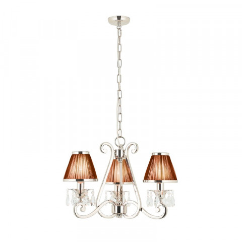Chandelier oksana, nickel poli, pampilles cristal, 3 abat-jours noirs