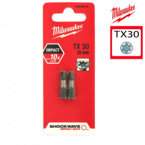 2 embouts torx milwaukee tx30 25mm shockwave 4932430885