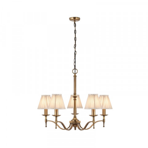 Suspension 5 ampoules stanford, laiton antique, abat-jour beiges