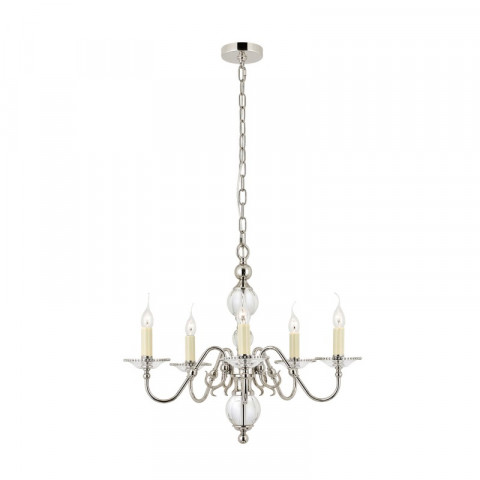 Chandelier tilburg, nickel poli, cristal, 5 éclairages