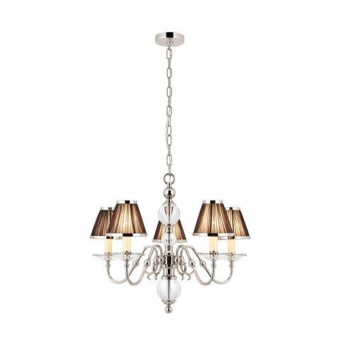 Chandelier tilburg, nickel poli, 5 abat-jours noirs