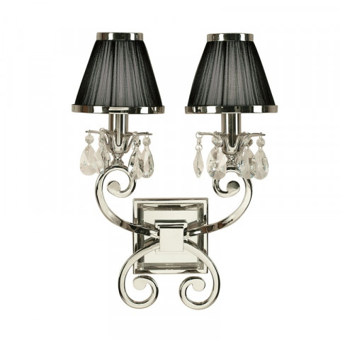 Applique oksana, nickel poli, pampilles cristal, 2 abat-jours noirs