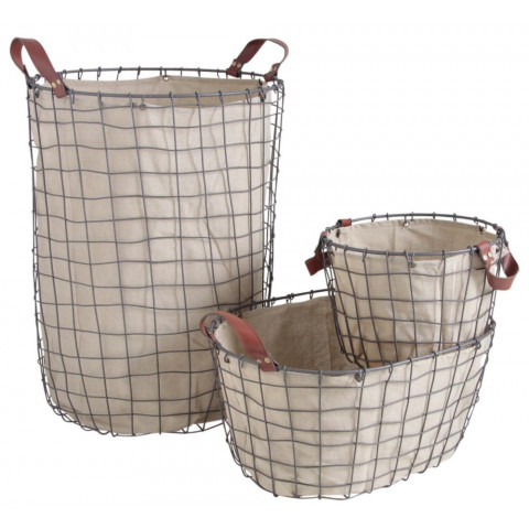 Panier à linge avec 2 corbeilles en métal (lot de 3)