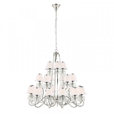 Chandelier oksana, nickel poli, pampilles cristal, 21 abat-jours blancs