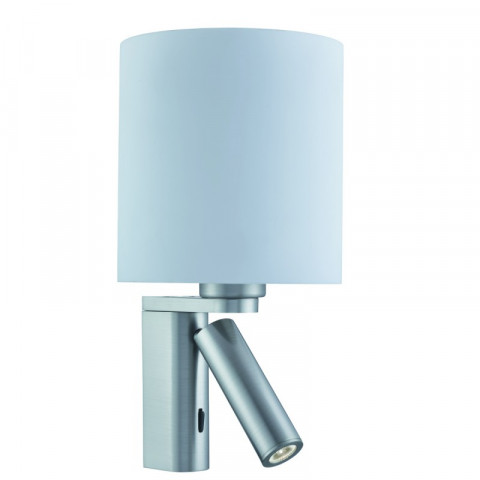 Applique cylindrique adjustable wall avec liseuse, en argent satiné avec abat-jour blanc
