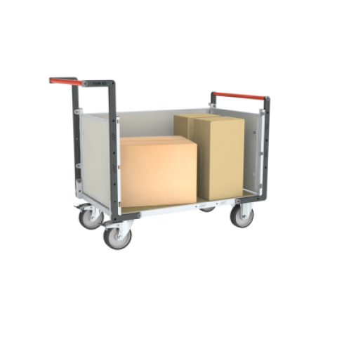 Chariot modulaire PP alvéolaire 2 dossiers + 1 ridelle, plateau bois médium 1000 x 600 mm, 500 kg