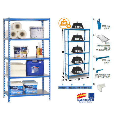 Étagère de rangement 2000x1000x500mm bleu galva charge 180kg simonclick plus 5/500 simon rack