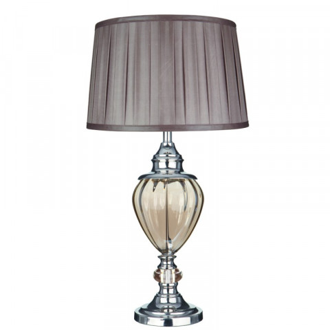 Lampe de table chrome et verre ambré, abat-jour plissé marron