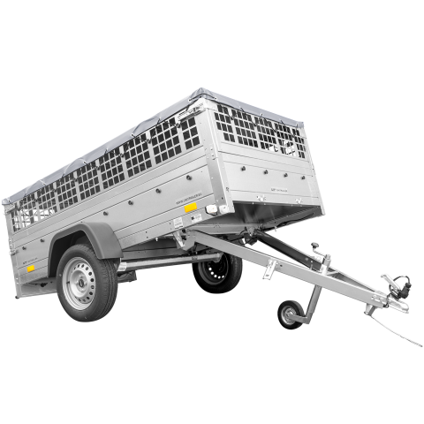 Unitrailer - Grande remorque 230x125 avec bâche plate, ridelles grillagées, roue  jockey - garden trailer 230 kipp - Distriartisan