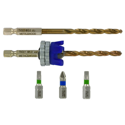 4 pièces - Kit Terrasse mèche & fraise HSS 2en1 Bois Métal Ø 5mm + 1 foret HSS + 3 embouts Inox - TIVOLY - 11900770500