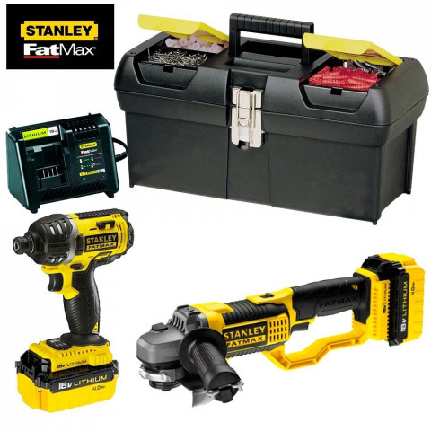 Kit Stanley Fat Max visseuse à impacts + meuleuse 18V (2 batteries 4,0 Ah + chargeur + coffre Millenium)