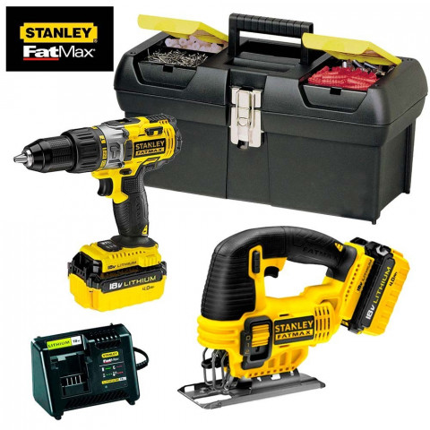 Kit Stanley Fat Max perceuse à percussion et scie sauteuse 18V (2 batteries 4,0 Ah + chargeur + coffre Millenium)